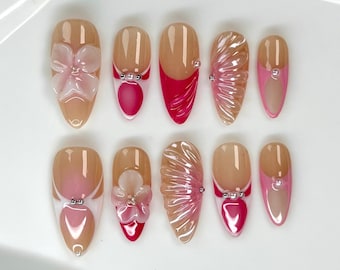 Pink Floral Press On Nails, 3D Flower Nails, Hot Pink French Tip Nails, Birthday Nails, Y2K Nails, Long Almond Handmade Nails, Gift For Her