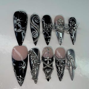 Custom Black Gothic Chrome Press On Nails | Y2K Cyberpunk Design Heart Charm | 3D Silver Liquid Metal Nails | Luxury Dark Aesthetic Glue Ons