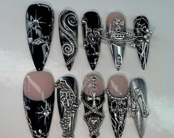 Custom Black Gothic Chrome Press On Nails | Y2K Cyberpunk Design Heart Charm | 3D Silver Liquid Metal Nails | Luxury Dark Aesthetic Glue Ons