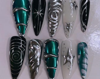 Handmade Chrome Press On Nails | Silver Stars & Cosmic Swirls | Y2K Celestial Long Almond False Nails | Luxury Cyberpunk Magic Glue On Nails