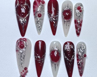 Handmade Red Chrome Press On Nails with Silver 3D Gothic Art | Long Almond Luxury False Nails | Edgy Y2K Alt Grunge Glue On Nails | Reusable