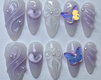 Handgefertigte Lavendel Press On Nails | 3D Schmetterling Bow Perlen Set