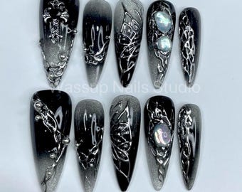 Aangepaste handgemaakte pers op nagels Zwart chroom vlinder | Y2K gotische lange amandelnagels| Herbruikbare kunstnagels| Cadeau voor haar| Verjaardagsnagels