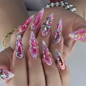 Uñas postizas de aguja color rosa intenso cromado – Gel esculpido en 3D, diseño de remolino metálico, uñas largas de lujo, conjunto exclusivo hecho a mano, uñas reutilizables