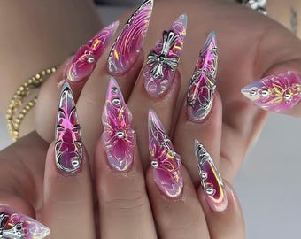 Uñas postizas de aguja color rosa intenso cromado – Gel esculpido en 3D, diseño de remolino metálico, uñas largas de lujo, conjunto exclusivo hecho a mano, uñas reutilizables