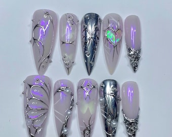 Unhas postiças 3D de luxo feitas à mão | Unhas longas amendoadas | Arte de unhas reutilizável rosa e roxa | Conjunto de unhas postiças | Unhas de aniversário | Presente para ela