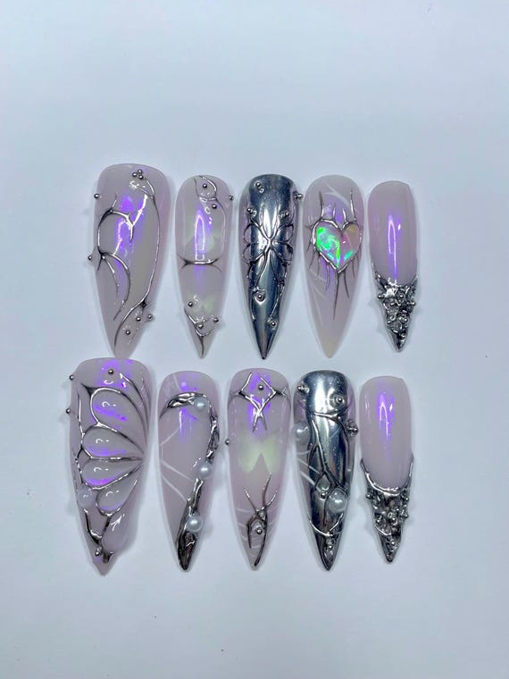 Custom Handmade Luxury 3D Press On Nails | Long Almond Nails | Reusable Pink Purple Nail Art| False Nail Set| Birthday Nail| Gift For Her