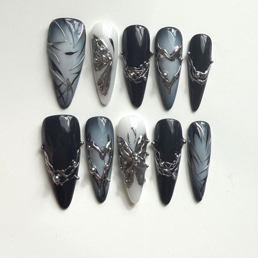 Custom Black & White Gradient Handmade Press on Nails | 3D Metallic ...