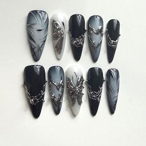 Custom Black & White Gradient HandMade Press On Nails | 3D Metallic Butterfly Nails | Y2K Almond Shape | Fake Gel Nails | Reusable Glue Ons