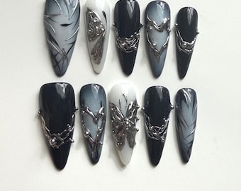 Custom Black & White Gradient HandMade Press On Nails | 3D Metallic Butterfly Nails | Y2K Almond Shape | Fake Gel Nails | Reusable Glue Ons