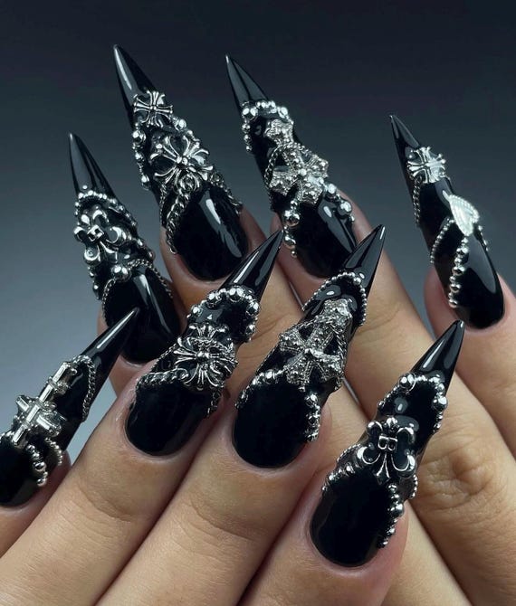 Custom Handmade Luxury Press-on Nails Gothic Black Stiletto with 3D Silver Chrome Charms Y2K Almond Shape | Fake Gel Nails | Reusable Glue