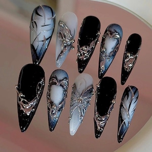 Dark Matter Glam Chrome Nails | Black and White Gradient Press On Nails with 3D Metallic Design| Y2K Long Almond, Butterfly Design