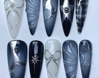 Handgemachte Konstellation Drücken Sie auf die Nägel | Silber Chrom Stern Gothic Nail Art | Y2K Celestial False Nails | Luxus lange Mandel Witchy Kleber-Ons