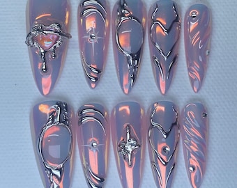 Handmade Y2K Ethereal Press On Nails | Pink Chrome Nails | Silver Celestial Details | Fairy Core Reusable Nail| Gift For Her| Birthday Nails