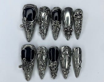 Custom 3D Chrome Press On Nails | Black Gothic Long Almond False Nails | Y2K Cyberpunk Cross Charm Glue On Nails| Edgy Luxury Reusable Nails