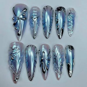 Cosmic Serpent Chrome Green Nail Set | Metallic Nails | Futuristic Emerald Galaxy Nails | Cyberpunk Nail Y2K Gothic Style Blue Chrome Ombré