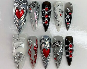 Rotes Gothic Herz Chrom Press On Nägel - Stahl Vampirkern Nail Art
