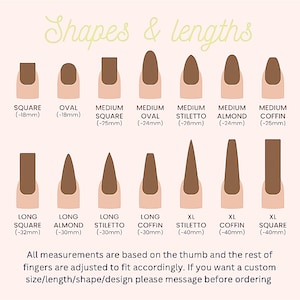 K&ouml;nnte beinhalten: Abbildung verschiedener Nagelformen und -l&auml;ngen, darunter quadratisch, oval, Stiletto und Sarg. Die Ma&szlig;e sind in Millimetern angegeben, wobei die l&auml;ngsten N&auml;gel 40 mm messen. Text erkl&auml;rt Gr&ouml;&szlig;en und kundenspezifische Optionen.