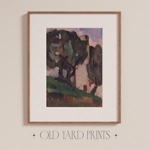 Puede incluir: Una pintura abstracta enmarcada que representa una casa con un árbol delante. La casa está pintada en tonos de blanco y gris, mientras que el árbol está pintado en tonos de verde y marrón. El fondo es de un morado suave.