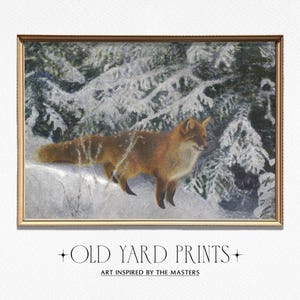 Traditional Fox Winter Scene Painting, Printable Wall Art, Rustic Woodland Animal Decor, Seasonal Artwork, Winter Wildlife Digital Download