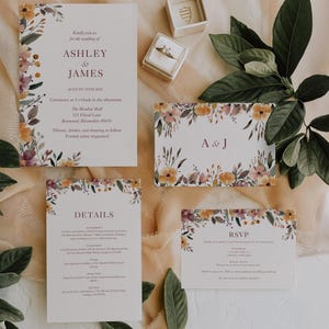 Ensemble modèle de faire-part de mariage bohème, automne fleurs sauvages numérique automne orange et rouge floral carte RSVP, invitation aquarelle fleur élégante