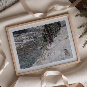 Winter Snowy River Oil Painting Christmas Wall Decor, Holiday Landscape, Nature Snowy Digital Download, Country Decor Farmhouse Painting