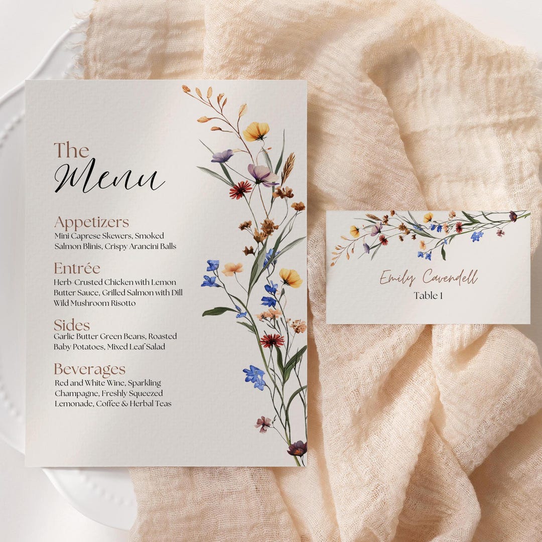 Wildflower Wedding Menu & Place Card Template Bundle, Boho Seating Plan ...