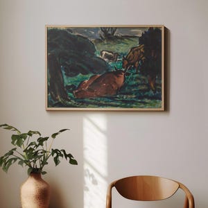 Dipinto astratto con inchiostro verde e nero di tori, paesaggio naturale, decorazione da parete, fattoria, stampa artistica, download digitale, opera d'arte rustica