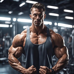 Può includere: Un uomo muscoloso con capelli castano corti e un'espressione seria indossa una canottiera grigia. È in piedi in una palestra con pesi e altre attrezzature sullo sfondo.