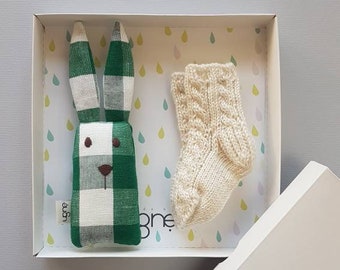 St. Patrick Day Gift, Woolen Socks, Bunny plush, Baby Rattle, Easter Gift, Christmas Gift, Baby shower gift, Baby girl, Christmas in July