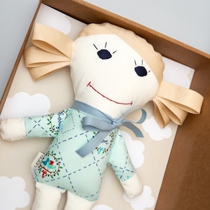 Rag Doll, Fairy Doll, Baby Girl gift, First baby doll, Personalized baby gift, embroidered Toys, Godmother Gift, First Christmas Gift