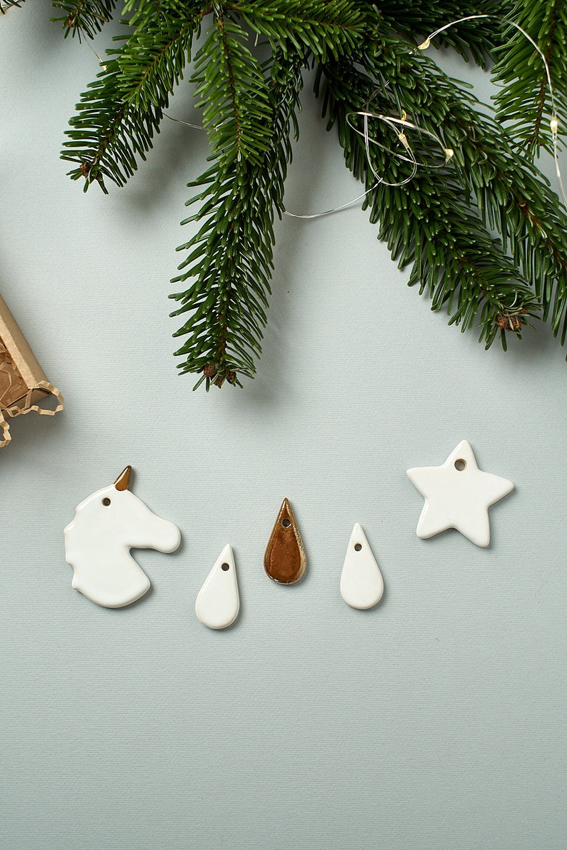 Minimalistische Weihnachtsdekoration, Einhorn Ornament, Stern Dekorationen, Tropfen hängen Dekorationen, Ton Wohnkultur, skandinavische Weihnachten Bild 6