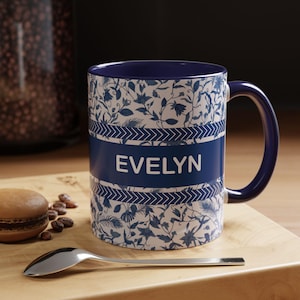 Personalized Floral Ceramic Mug: Blue Toile Vintage Style