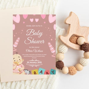 Rosa und Rot Illustrative Baby Shower Einladungskarte