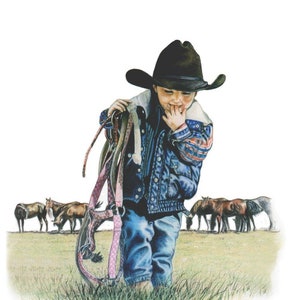 The Littlest Cowboy, Western Art Print Cowboy Art Western Decor Small Print of a Little Cowboy image 1