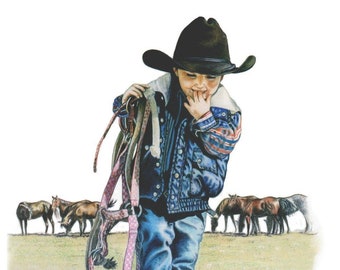 The Littlest Cowboy, Western Art Print ~ Cowboy Art ~ Western Decor ~ Small Print of a Little Cowboy