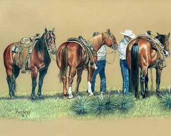 Saddle Horses ~ Cowhorses and Cowboys Colored Pencil Fine Art Print ~ Western Horse Art ~ Cowboy Art ~ Equine Art ~ Unframed Print