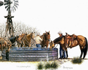 Cowboy Print, Signed and Numbered Limited Edition, Ranch Horses & Windmill Art
