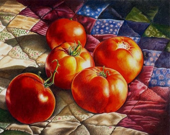 Print of Tomatoes ~ 'From My Garden' ~ Kitchen Art ~ Dining Room ~ Colorful Vegetables ~ Garden Art  with Beautiful Details ~ Unframed Print