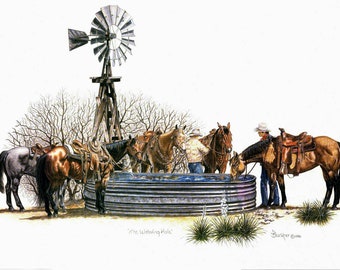 Small Western Art Print ~ Cowboys, Horses Around a Windmill and Water Tank ~ Cowhorses ~ Ranch Scene ~ Western Decor ~ Saddle Horses