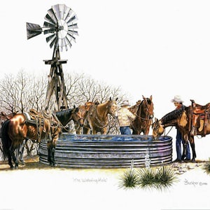 Western Cowboy Print "The Watering Hole" ~ Signed & Numbered ~ Large Limited Edition Print ~ Ranch Horses, Cowboys and Windmill  ~ Unframed