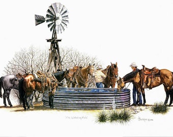 Western Cowboy Print "The Watering Hole" ~ Signed & Numbered ~ Large Limited Edition Print ~ Ranch Horses, Cowboys and Windmill  ~ Unframed