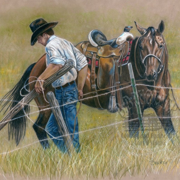 Cowboy, Ranch Horse Colored Pencil Print