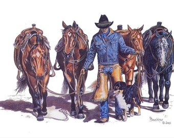 Cowboy ~ Horses and Dog Art Print ~ Signed Print ~ Western Art ~ Equine Art ~ Western Decor ~ Small Print ~ Quarter Horses ~ Saddle Horses