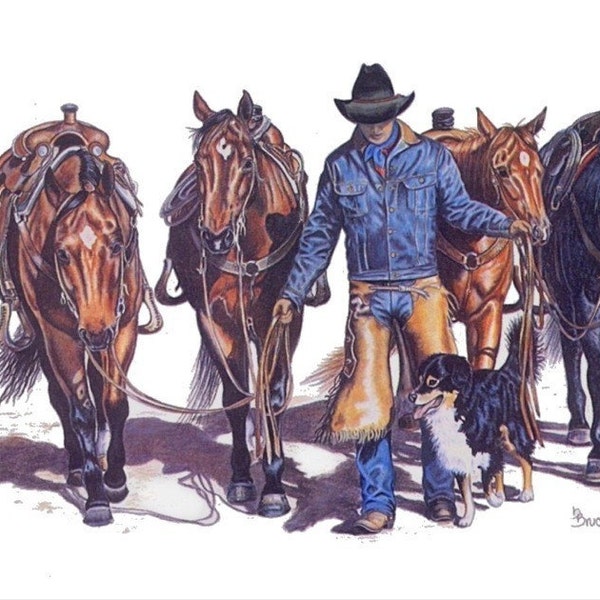 Cowboy ~ Horses and Dog Art Print ~ Signed Print ~ Western Art ~ Equine Art ~ Western Decor ~ Small Print ~ Quarter Horses ~ Saddle Horses