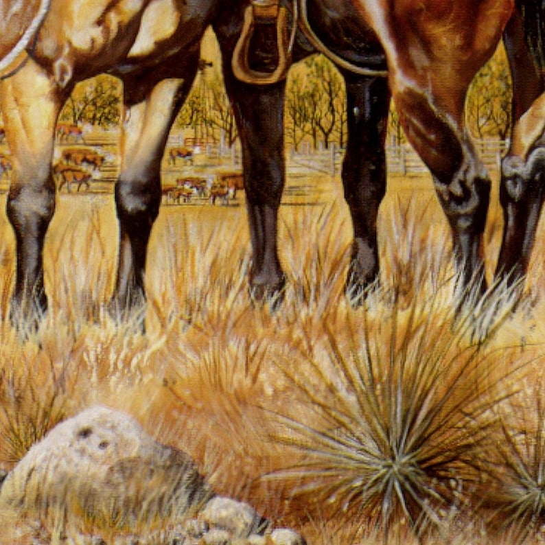 May include: An oil painting depicting the legs of several horses in a field of dry grass. The horses are brown and black, with saddles visible. In the background, a herd of cattle grazes near a wooden fence.