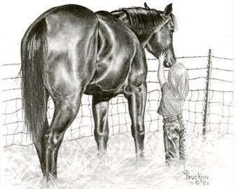 Impression d'art équin : petite fille et cheval, scène de ranch au crayon