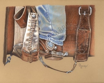 Western Art Print ~ Stirrup ~ Boot ~ Spurs ~ Western Tack ~ Cowgirl Art ~Colored Pencil Print