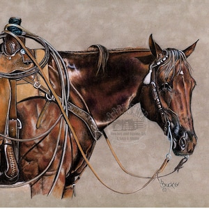 Wydruk artystyczny z motywem koni zachodnich ~ Portret konia Quarter Horse ~ Koń na linie ~ Sztuka rodeo ~ Wystrój w stylu zachodnim ~ Wydruk artystyczny ~ Podpisany przez artystę ~ Bez ramki