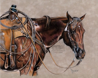 Impression d'art équine western ~ Portrait Quarter Horse ~ Cheval de corde ~ Art du rodéo ~ Décoration western ~ Tirage d'art ~ Signé par l'artiste ~ Sans cadre